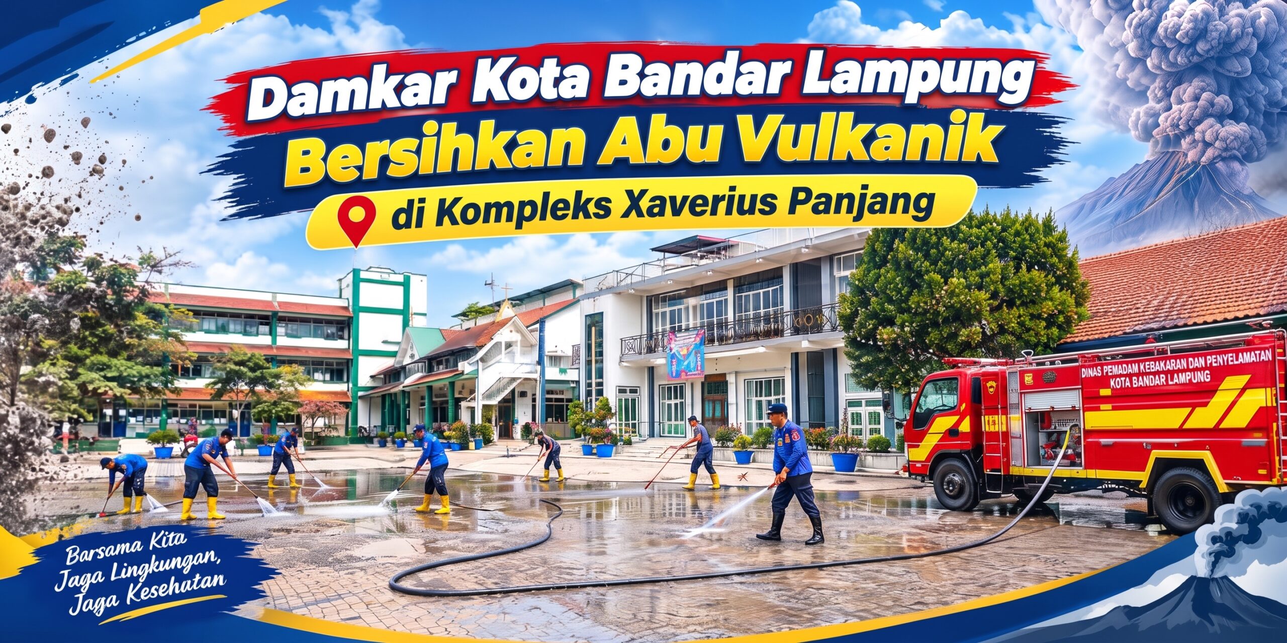 Damkar Kota Bandar Lampung Bersihkan Abu Vulkanik di Kompleks Xaverius Panjang